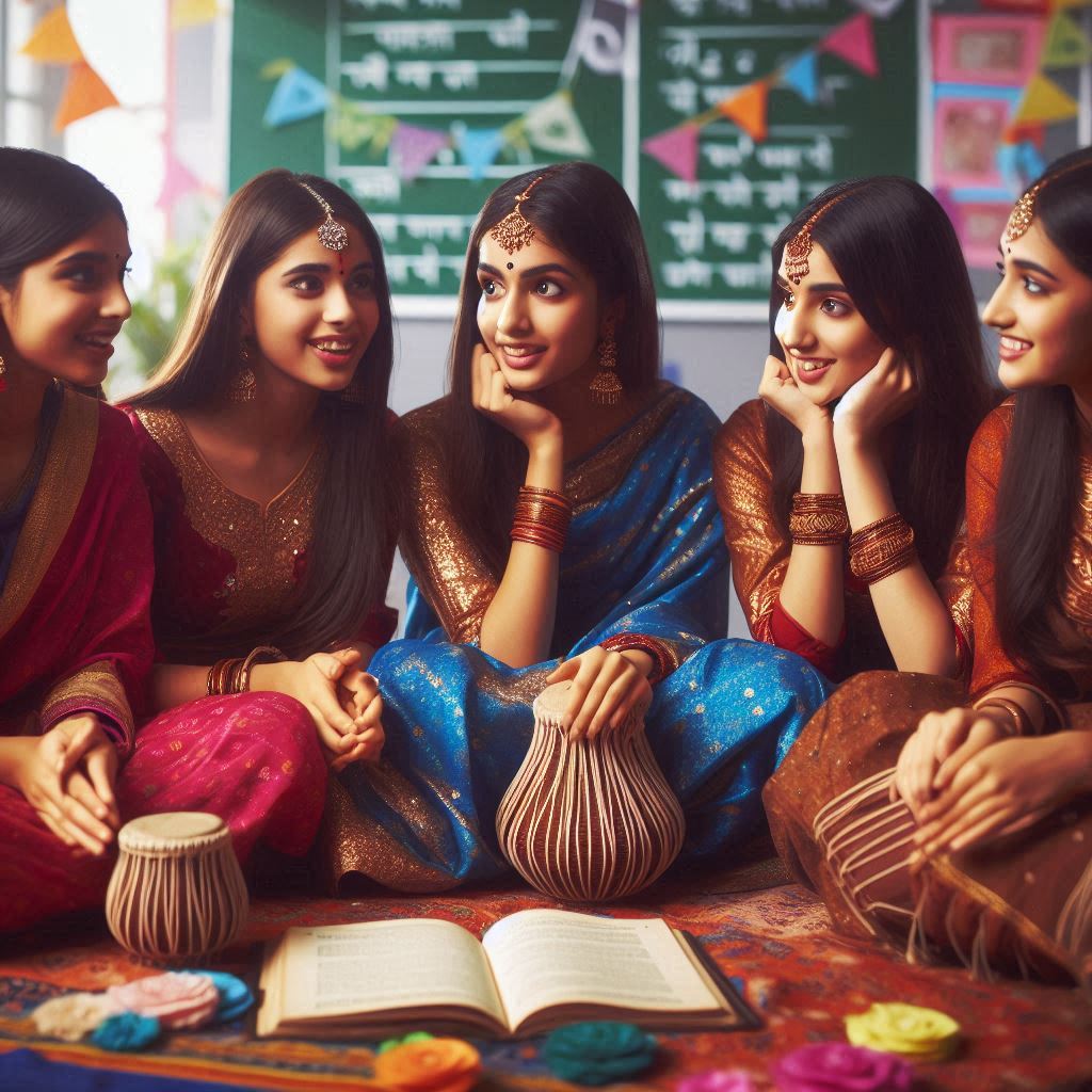 Indian girls group storytelling in different languages as part of a language club event, wearing traditional Indian attire at a cultural event (1)